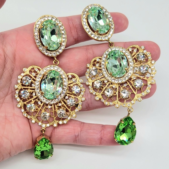 Dolce and Gabbana Prasiolite Swarovski Crystal Baroque Fan Statement Earrings - Picture 9 of 12